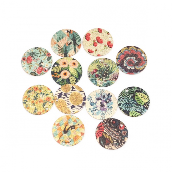 Picture of Copper Enamel Painting Charms Gold Plated Red & Green Round Flower Leaves Sparkledust 20mm Dia., 10 PCs