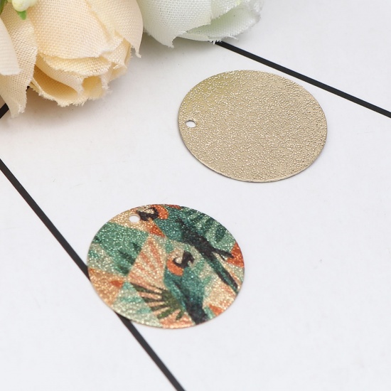 Picture of Copper Enamel Painting Charms Gold Plated Multicolor Round Parrot Sparkledust 20mm Dia., 10 PCs