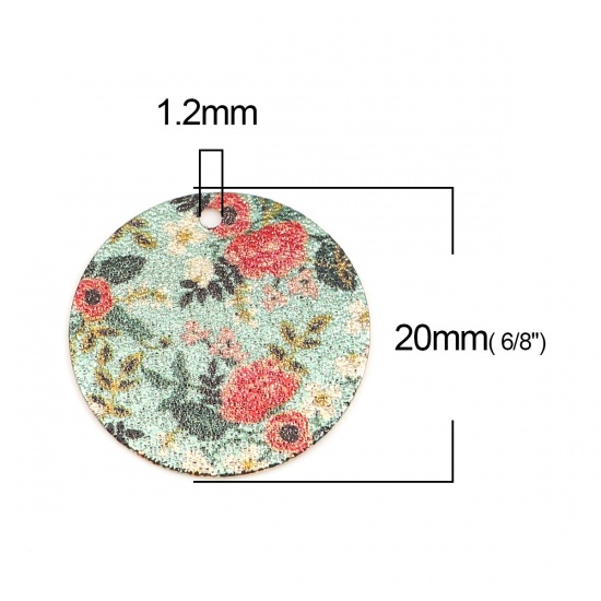Picture of Copper Enamel Painting Charms Gold Plated Red & Green Round Flower Sparkledust 20mm Dia., 10 PCs