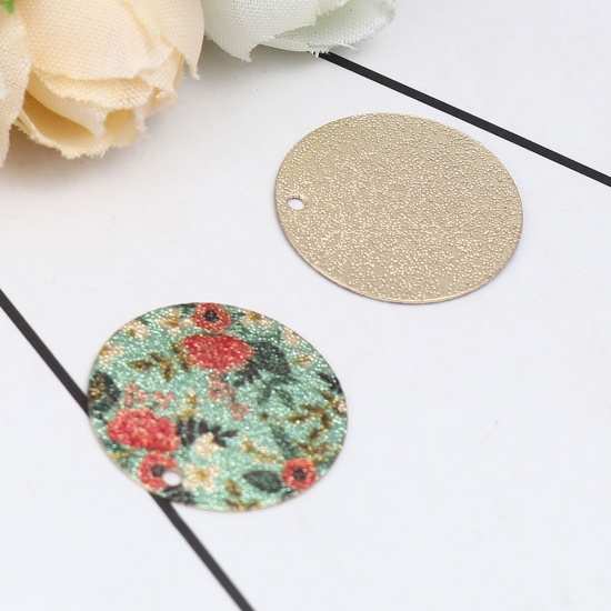 Picture of Copper Enamel Painting Charms Gold Plated Red & Green Round Flower Sparkledust 20mm Dia., 10 PCs