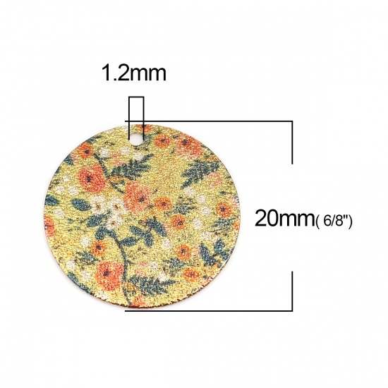 Picture of Copper Enamel Painting Charms Gold Plated Green & Orange Round Flower Leaves Sparkledust 20mm Dia., 10 PCs
