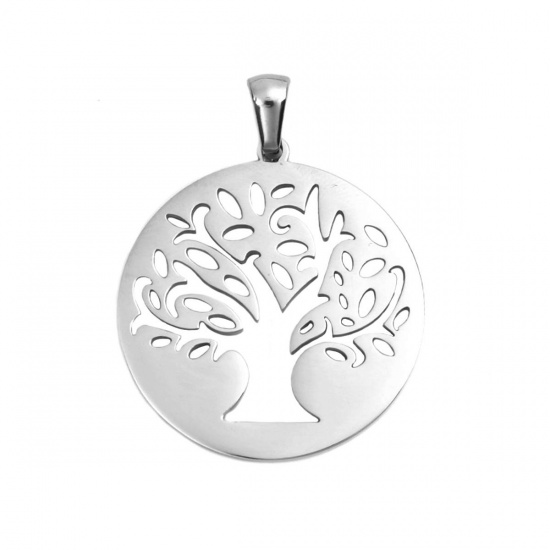 Picture of Stainless Steel Pendants Round Silver Tone Tree of Life Hollow 36mm x 27mm, 1 Piece