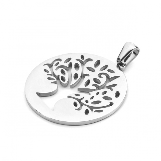 Picture of Stainless Steel Pendants Round Silver Tone Tree of Life Hollow 36mm x 27mm, 1 Piece