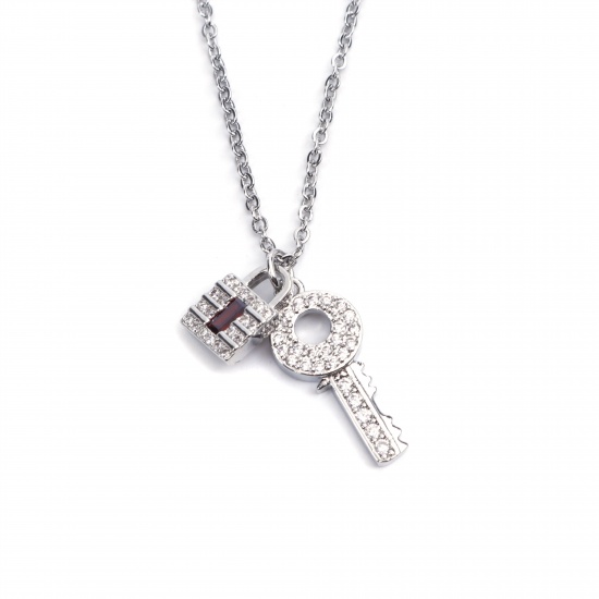 Picture of Stainless Steel & Copper Necklace Silver Tone Key Lock Red Cubic Zirconia 45cm(17 6/8") long, 1 Piece