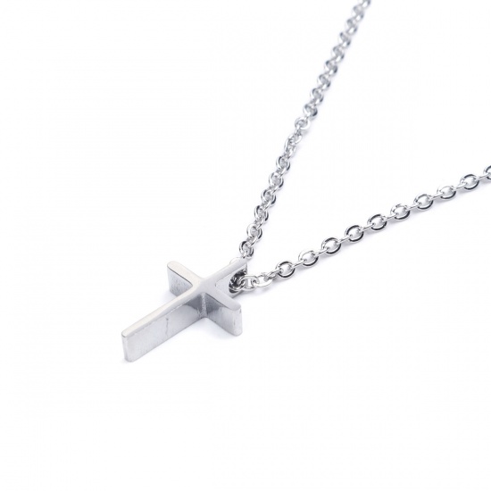 Bild von Edelstahl Religiös Halskette Silberfarbe Kreuz 45cm lang, 1 Strang
