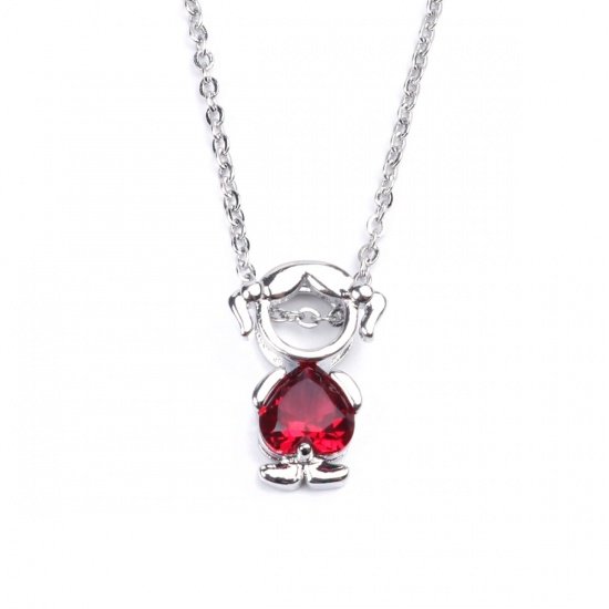 Picture of Stainless Steel & Copper Necklace Silver Tone Girl Red Rhinestone 45cm(17 6/8") long, 1 Piece