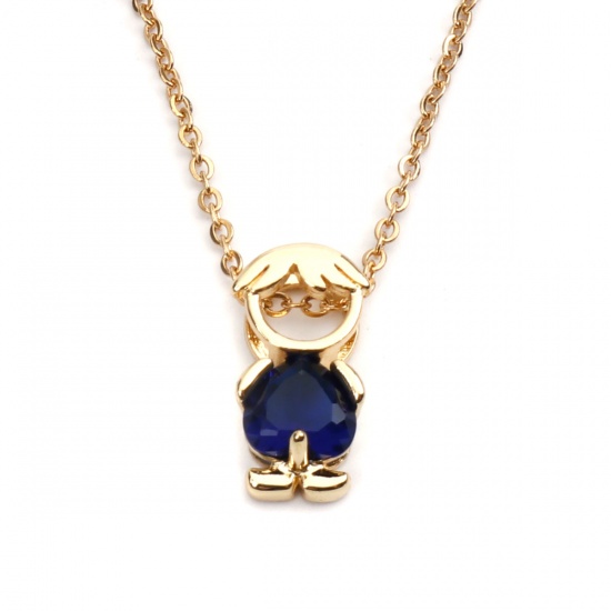 Picture of Stainless Steel & Copper Necklace Gold Plated Boy Blue Rhinestone 45cm(17 6/8") long, 1 Piece