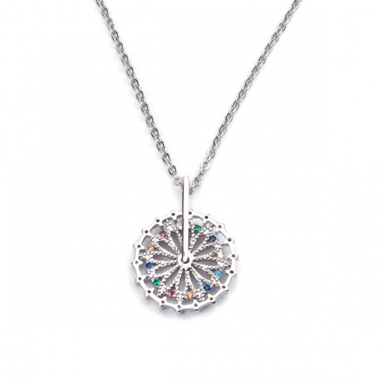 Picture of Stainless Steel & Copper Necklace Silver Tone Wheel Flower Multicolour Cubic Zirconia 45cm(17 6/8") long, 1 Piece