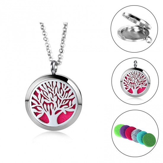 Picture of 316L Stainless Steel Aromatherapy Essential Oil Diffuser Locket Pendants Round Silver Tone Tree of Life Blank Stamping Tags 30mm Dia., 1 Piece