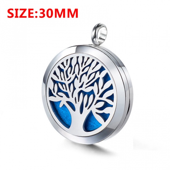 Picture of 316L Stainless Steel Aromatherapy Essential Oil Diffuser Locket Pendants Round Silver Tone Tree of Life Blank Stamping Tags 30mm Dia., 1 Piece