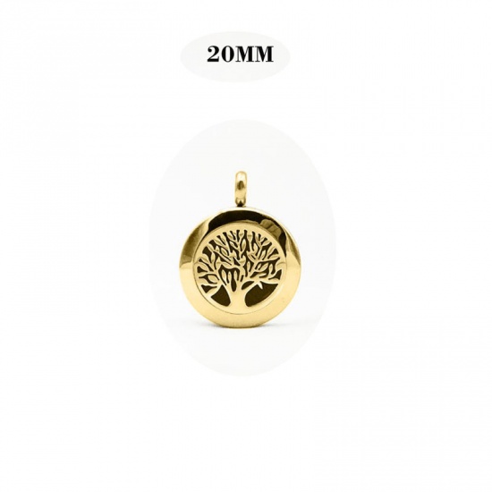 Picture of 316L Stainless Steel Aromatherapy Essential Oil Diffuser Locket Pendants Round Gold Plated Tree of Life Blank Stamping Tags 20mm Dia., 1 Piece