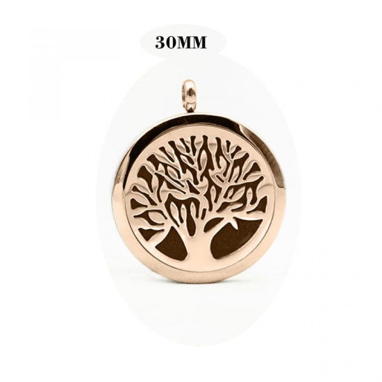 Picture of 316L Stainless Steel Aromatherapy Essential Oil Diffuser Locket Pendants Round Rose Gold Tree of Life Blank Stamping Tags 30mm Dia., 1 Piece
