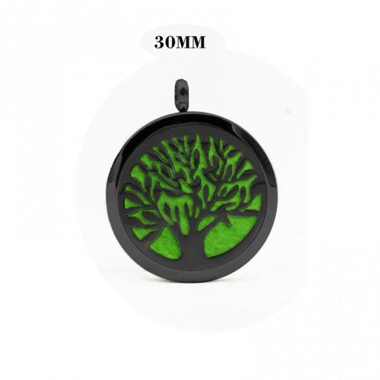 Picture of 316L Stainless Steel Aromatherapy Essential Oil Diffuser Locket Pendants Round Gunmetal Tree of Life Blank Stamping Tags 30mm Dia., 1 Piece