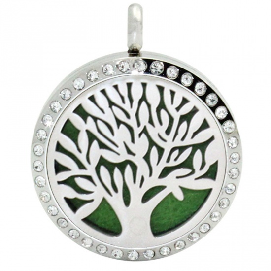Picture of 316L Stainless Steel Aromatherapy Essential Oil Diffuser Locket Pendants Round Silver Tone Tree of Life Blank Stamping Tags Clear Rhinestone 30mm Dia., 1 Piece