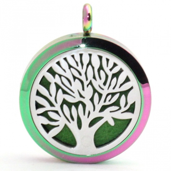 Picture of 316L Stainless Steel Aromatherapy Essential Oil Diffuser Locket Pendants Rainbow Color Plated Round Tree of Life Blank Stamping Tags 30mm Dia., 1 Piece