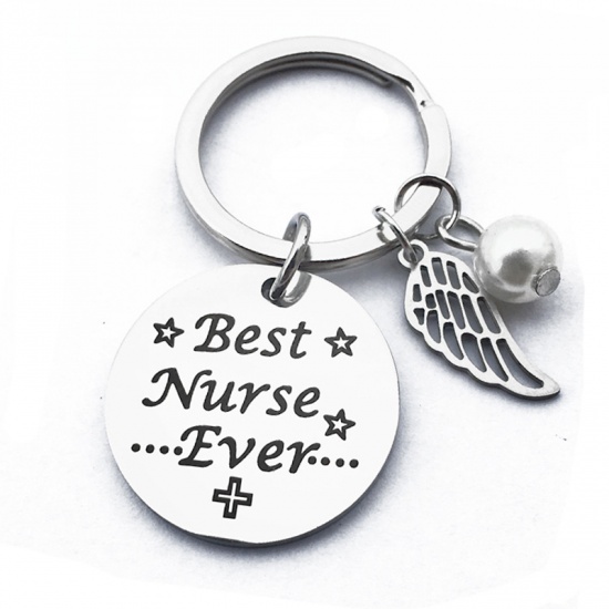 Picture of Stainless Steel Medical Keychain & Keyring Round Silver Tone Wing 1 Piece