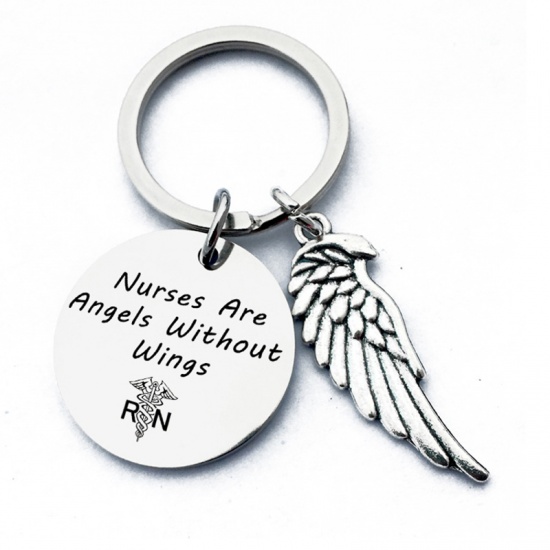 Picture of Stainless Steel Medical Keychain & Keyring Round Silver Tone Wing 1 Piece