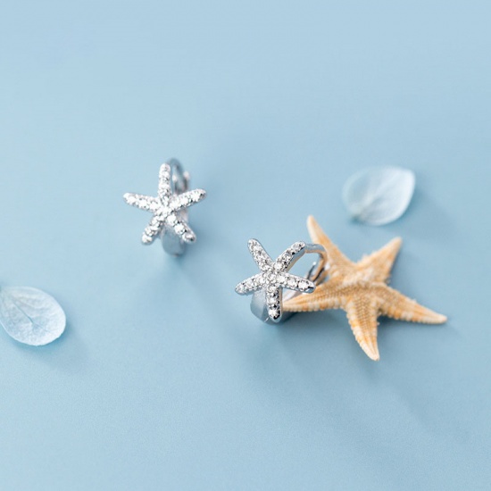 Imagen de Plata de Ley Pendientes Círculos Plata Estrella de mar Transparente Rhinestone 8mm, 1 Par
