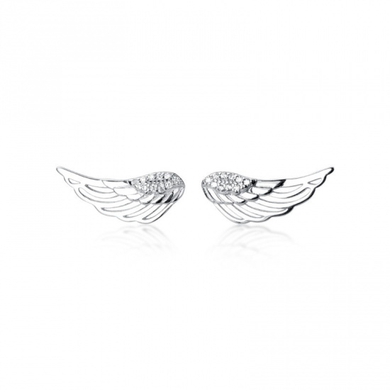 Picture of Sterling Silver Ear Post Stud Earrings Silver Color Wing Clear Rhinestone 18mm x 7mm, 1 Pair