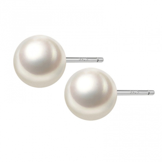 Imagen de Plata de Ley Pendientes Blanco Crema Bola Imitación de perla 4mm Dia, 1 Par