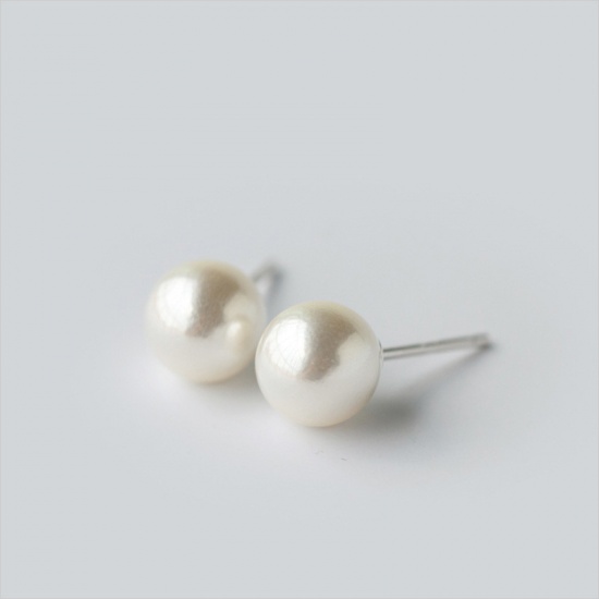 Imagen de Plata de Ley Pendientes Blanco Crema Bola Imitación de perla 4mm Dia, 1 Par
