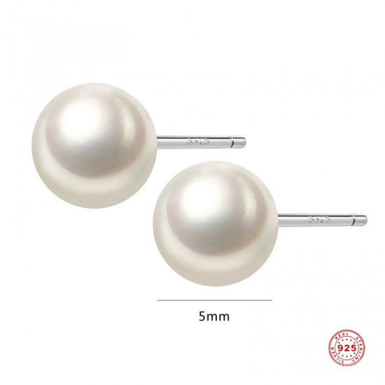 Image de Boucles d'Oreilles Puces en Argent Pur Crème Balle Imitation Perles 4.5mm Dia., 1 Paire