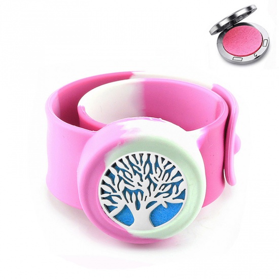 Picture of 316L Stainless Steel & Silicone Aromatherapy Essential Oil Diffuser Locket Bangles Bracelets Pink Tree of Life Magnetic Can Open 22.5cm(8 7/8") long, 1 Piece