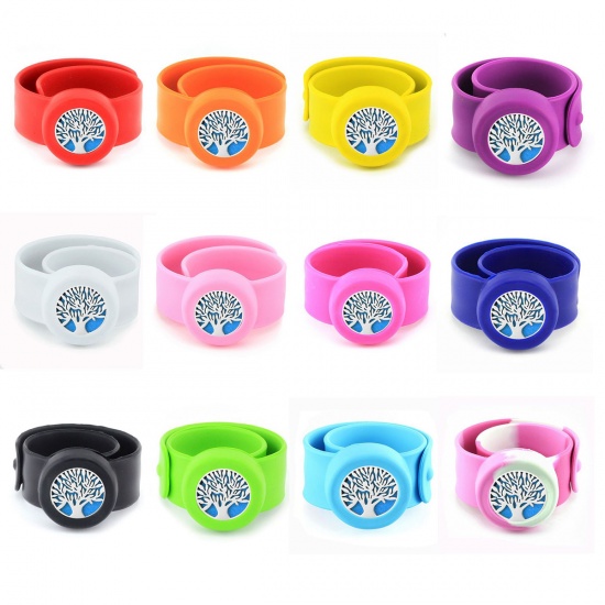 Picture of 316L Stainless Steel & Silicone Aromatherapy Essential Oil Diffuser Locket Bangles Bracelets Pink Tree of Life Magnetic Can Open 22.5cm(8 7/8") long, 1 Piece