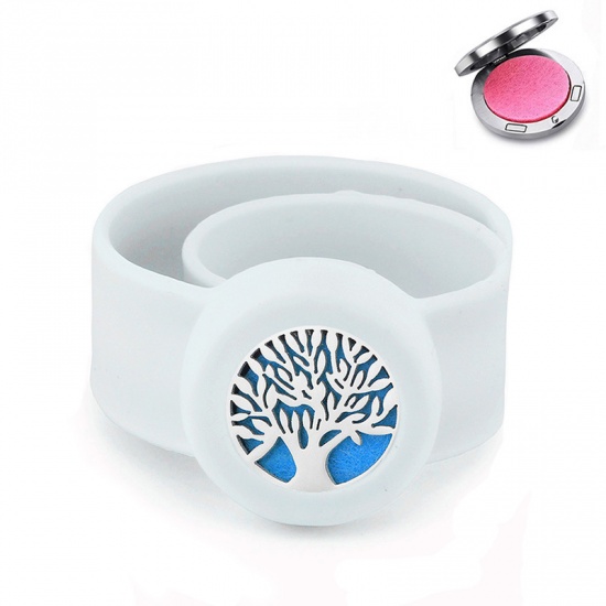Picture of 316L Stainless Steel & Silicone Aromatherapy Essential Oil Diffuser Locket Bangles Bracelets White Tree of Life Magnetic Can Open 22.5cm(8 7/8") long, 1 Piece