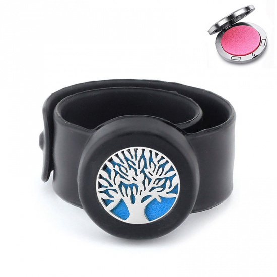 Picture of 316L Stainless Steel & Silicone Aromatherapy Essential Oil Diffuser Locket Bangles Bracelets Black Tree of Life Magnetic Can Open 22.5cm(8 7/8") long, 1 Piece