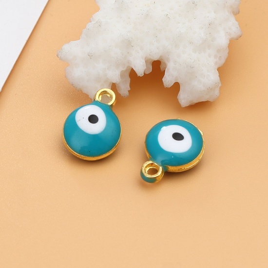Picture of Zinc Based Alloy Religious Charms Round Gold Plated Green Blue Evil Eye 13mm x 10mm, 20 PCs