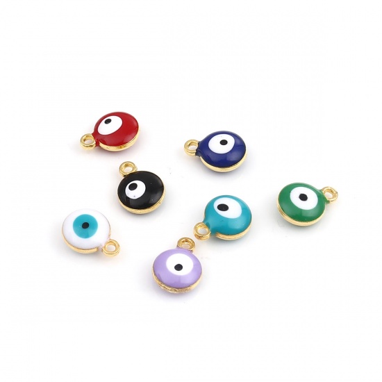 Picture of Zinc Based Alloy Religious Charms Round Gold Plated Light Green Evil Eye 13mm x 10mm, 20 PCs
