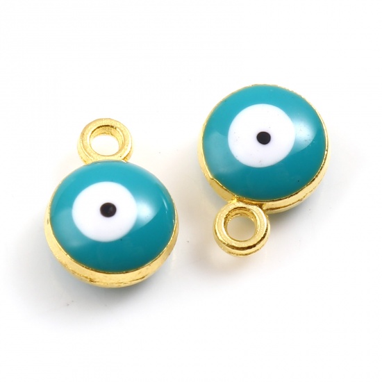Picture of Zinc Based Alloy Religious Charms Round Gold Plated Green Blue Evil Eye 9mm x 7mm, 20 PCs