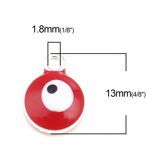 Picture of Zinc Based Alloy Religious Charms Round Silver Tone Red Evil Eye 13mm x 10mm, 20 PCs