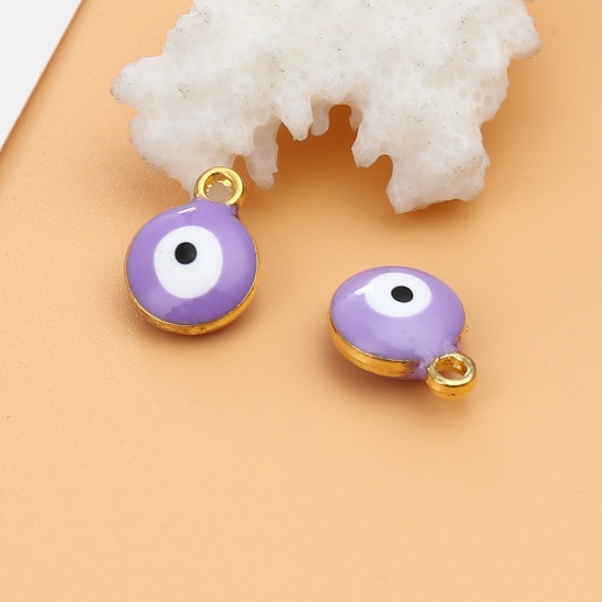 Picture of Zinc Based Alloy Religious Charms Round Gold Plated Mauve Evil Eye 13mm x 10mm, 20 PCs