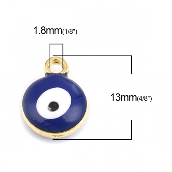 Picture of Zinc Based Alloy Religious Charms Round Gold Plated Royal Blue Evil Eye 13mm x 10mm, 20 PCs