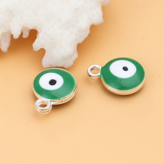 Picture of Zinc Based Alloy Religious Charms Round Silver Tone Light Green Evil Eye 13mm x 10mm, 20 PCs