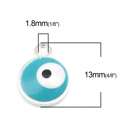 Picture of Zinc Based Alloy Religious Charms Round Silver Tone Skyblue Evil Eye 13mm x 10mm, 20 PCs