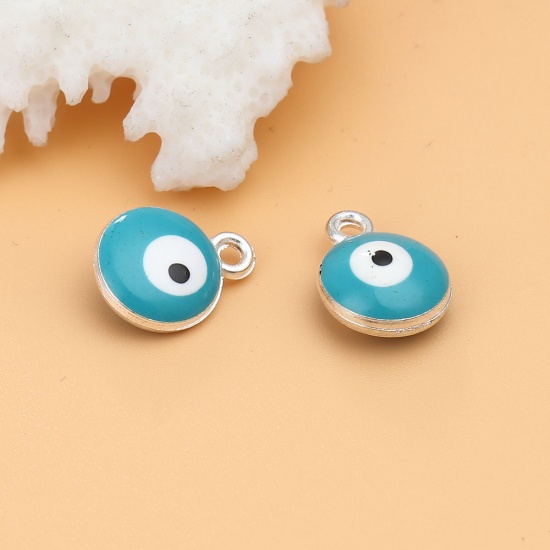 Picture of Zinc Based Alloy Religious Charms Round Silver Tone Skyblue Evil Eye 13mm x 10mm, 20 PCs