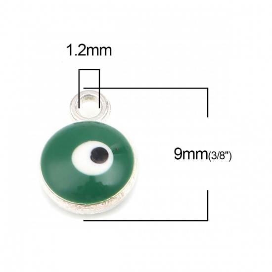 Picture of Zinc Based Alloy Religious Charms Round Silver Tone Green Evil Eye 9mm x 7mm, 20 PCs