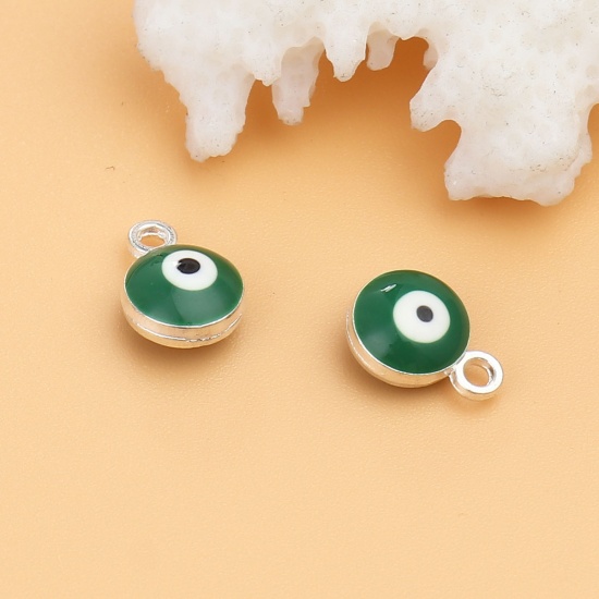 Picture of Zinc Based Alloy Religious Charms Round Silver Tone Green Evil Eye 9mm x 7mm, 20 PCs