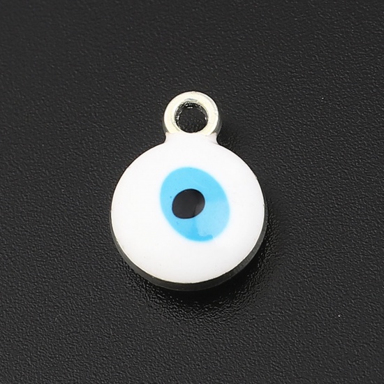 Picture of Zinc Based Alloy Religious Charms Round Silver Tone White Evil Eye Enamel 13mm x 10mm, 20 PCs
