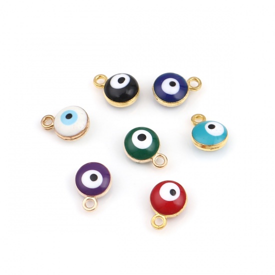 Picture of Zinc Based Alloy Religious Charms Round Gold Plated Red Evil Eye 9mm x 7mm, 20 PCs