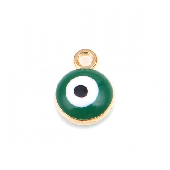 Picture of Zinc Based Alloy Religious Charms Round Gold Plated Green Evil Eye 9mm x 7mm, 20 PCs