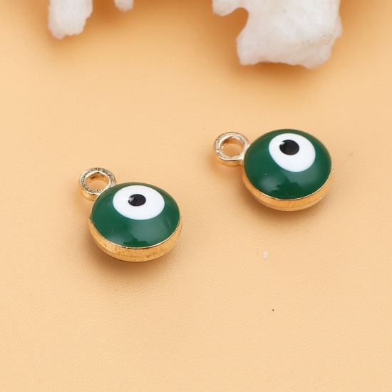 Picture of Zinc Based Alloy Religious Charms Round Gold Plated Green Evil Eye 9mm x 7mm, 20 PCs