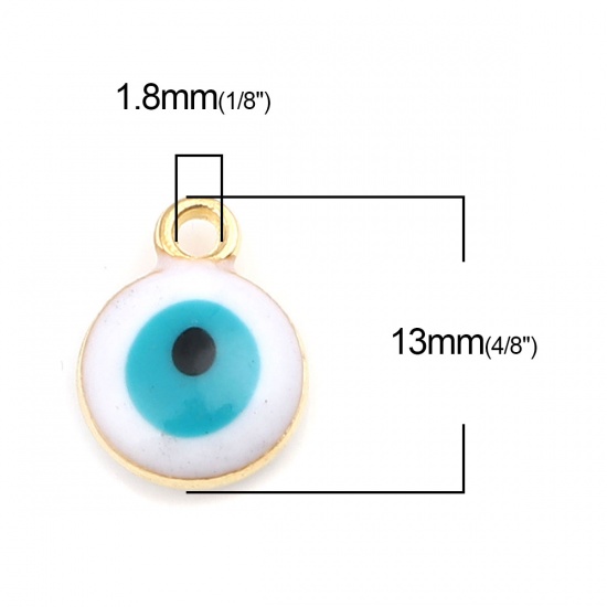 Picture of Zinc Based Alloy Religious Charms Round Gold Plated White & Green Blue Evil Eye 13mm x 10mm, 20 PCs