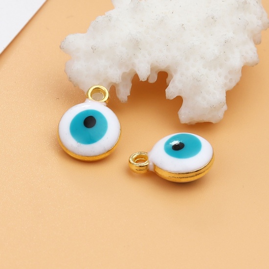 Picture of Zinc Based Alloy Religious Charms Round Gold Plated White & Green Blue Evil Eye 13mm x 10mm, 20 PCs
