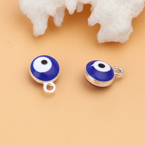 Picture of Zinc Based Alloy Religious Charms Round Silver Tone Royal Blue Evil Eye 9mm x 7mm, 20 PCs