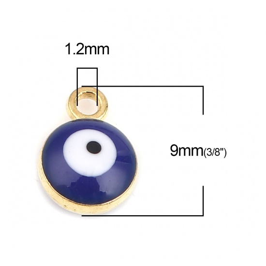 Picture of Zinc Based Alloy Religious Charms Round Gold Plated Royal Blue Evil Eye 9mm x 7mm, 20 PCs