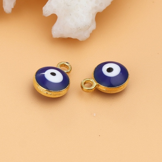 Picture of Zinc Based Alloy Religious Charms Round Gold Plated Royal Blue Evil Eye 9mm x 7mm, 20 PCs